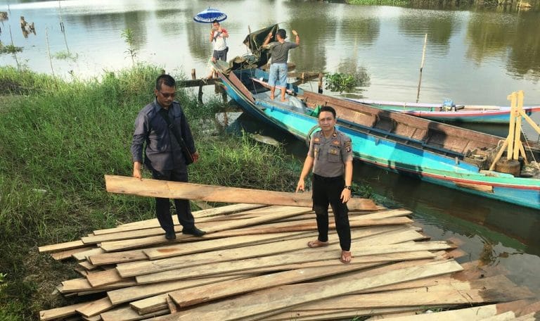 kapolsek Parenggena menggunakan seragam kepolisian didampingi jajarannya menunjukan kayu yang disita